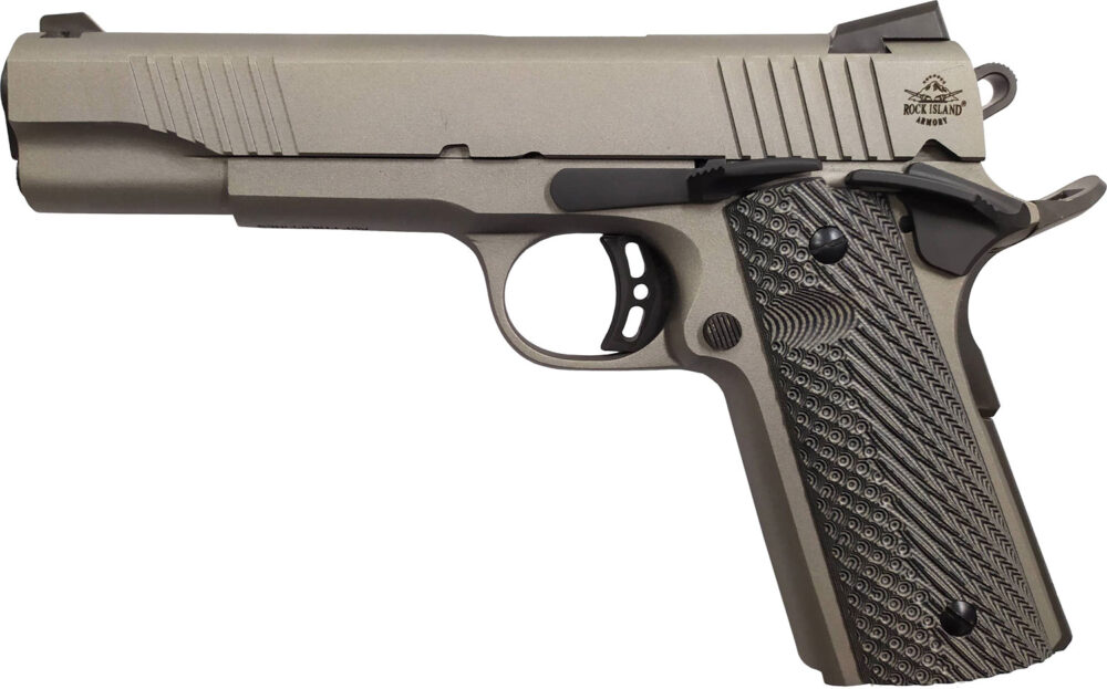 Rock Island 56419 Rock Standard FS *CA Compliant 45 ACP Caliber with 5" Barrel, 8+1 Capacity, Overall Gun Metal Gray Cerakote Finish Steel, Beavertail Frame, Serrated Slide & Black G10 Grip