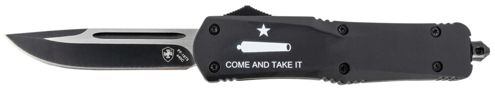 Templar Knife LCATI331 Gen II Come And Take It Large 3.50" OTF Drop Point Plain Black Oxide Stonewashed 440C SS Blade, 5.25" Black "Come And Take It" Aluminum Handle, Glass Breaker