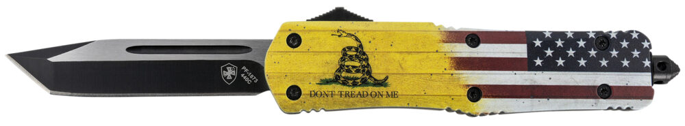 Templar Knife LDTOM231 Gen II Don't Tread On Me Large 3.50" OTF Tanto Plain Black Oxide Stonewashed 440C SS Blade, 5.25" Yellow w/Flag & "Don't Tread On Me" Aluminum Handle, Glass Breaker