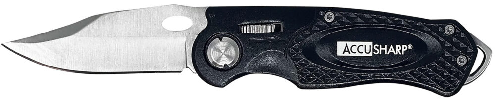 AccuSharp 703C Sport  3" Folding Plain Stainless Steel Blade/Black Anodized Aluminum Handle Includes Belt Clip