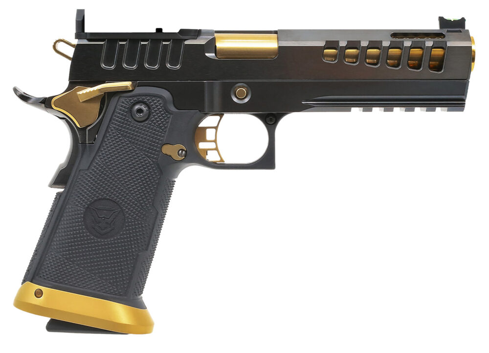 Watchtower Firearms DEMOLITIA9MM5ELITE Demolitia  Full Size Frame 9mm Luger 20+1 5" Gold Plated PVD Ported Barrel, Graphite PVD Optic Cut/Serrated Steel Slide, Graphite PVD Frame, Black Textured Grip