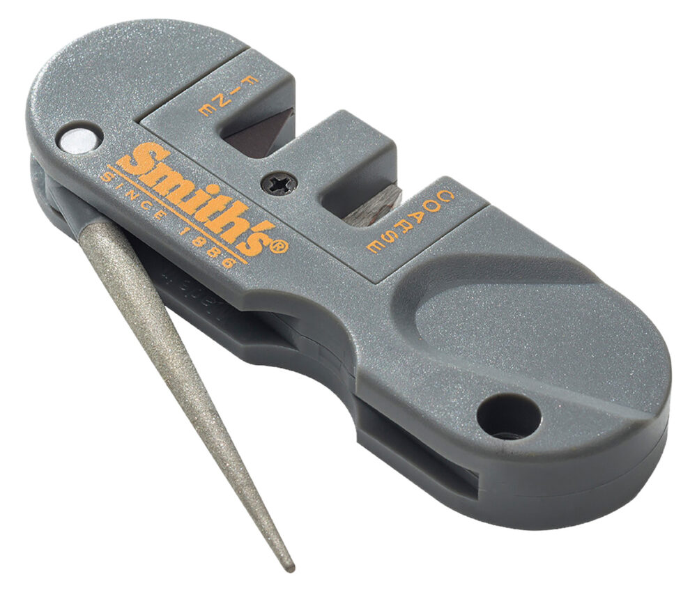 Smiths Products PP1 Pocket Pal Knife Sharpener Hand Held Fine, Medium, Coarse Carbide, Ceramic, Diamond Sharpener Plastic Handle Gray