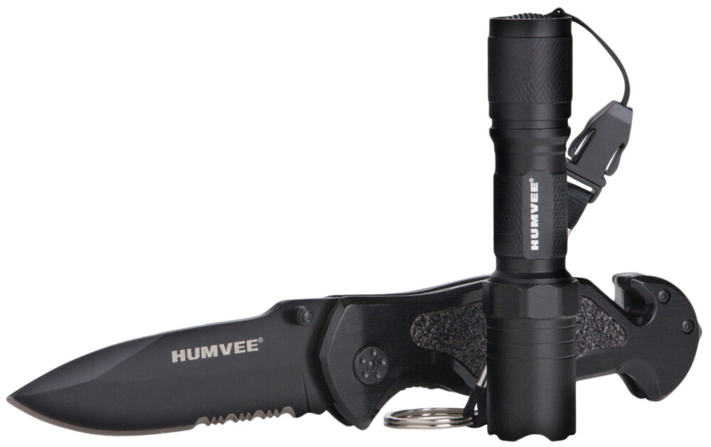 Humvee Adventure Gear HMVKCER1 Rescue Combo 3.25" Folding Spear Point Part Serrated Stainless Steel Blade Black Aluminum Handle Features Glass Breaker/Pocket Clip/Seatbelt Cutter